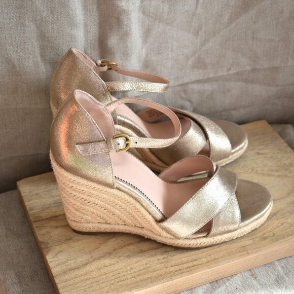J. Crew Metallic Champagne Lt. Gold Leather Platform Espadrille Size 7.5 - Picture 2 of 11